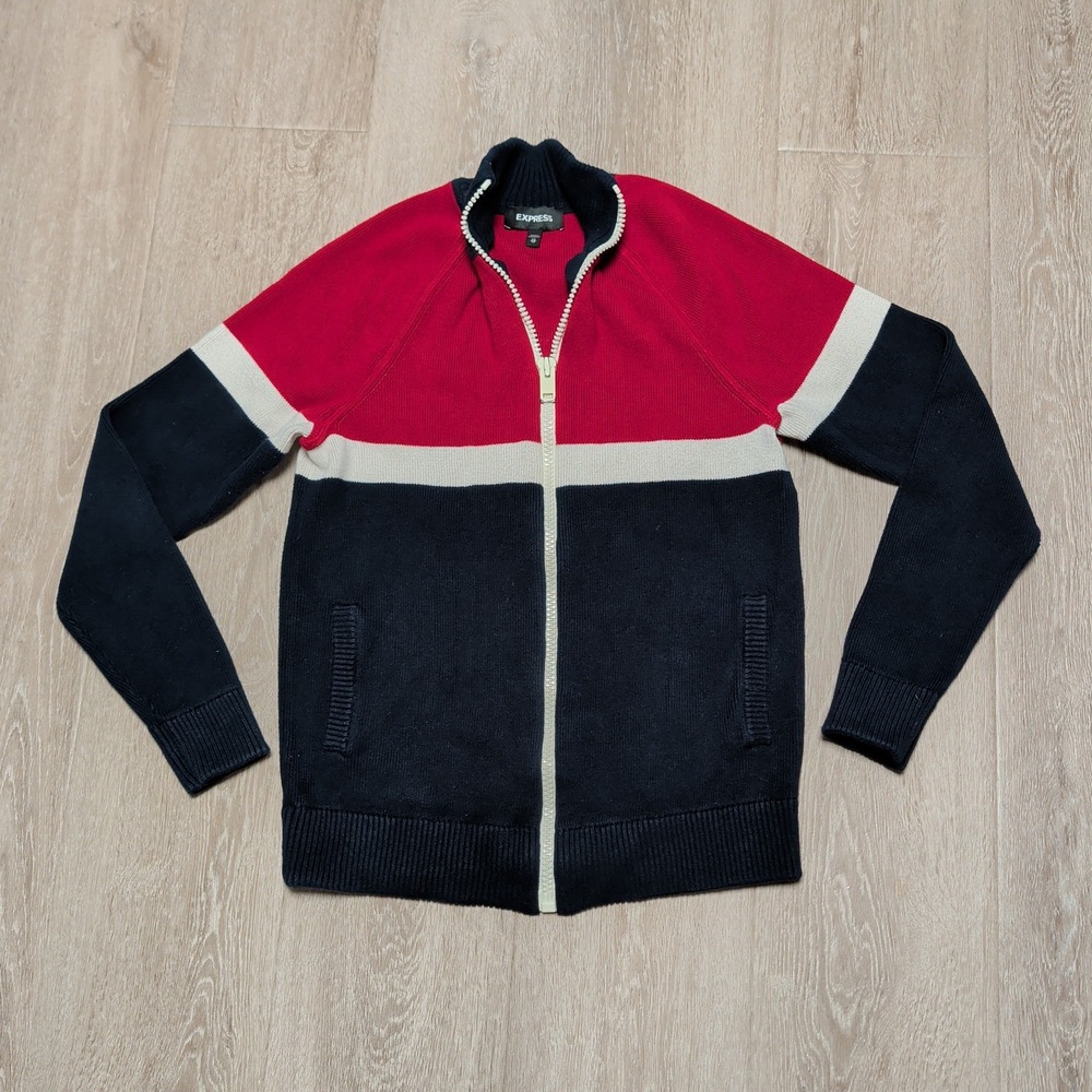 Express Full Zip Cardigan Sweater Red Navy Colorblock Mens XS Mock Neck‎